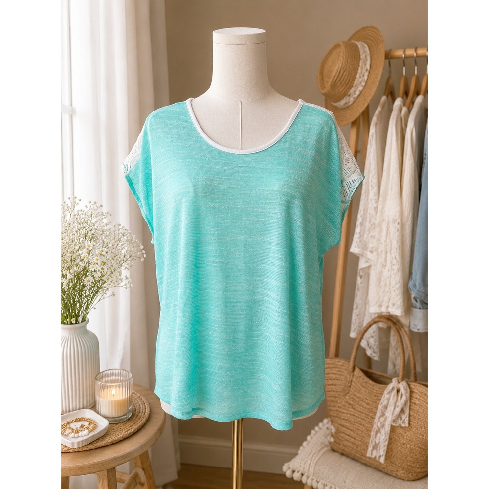 Claudia Richard Aqua Crochet Lace Dolman  Boho Coastal Grandmother Beachy Knit